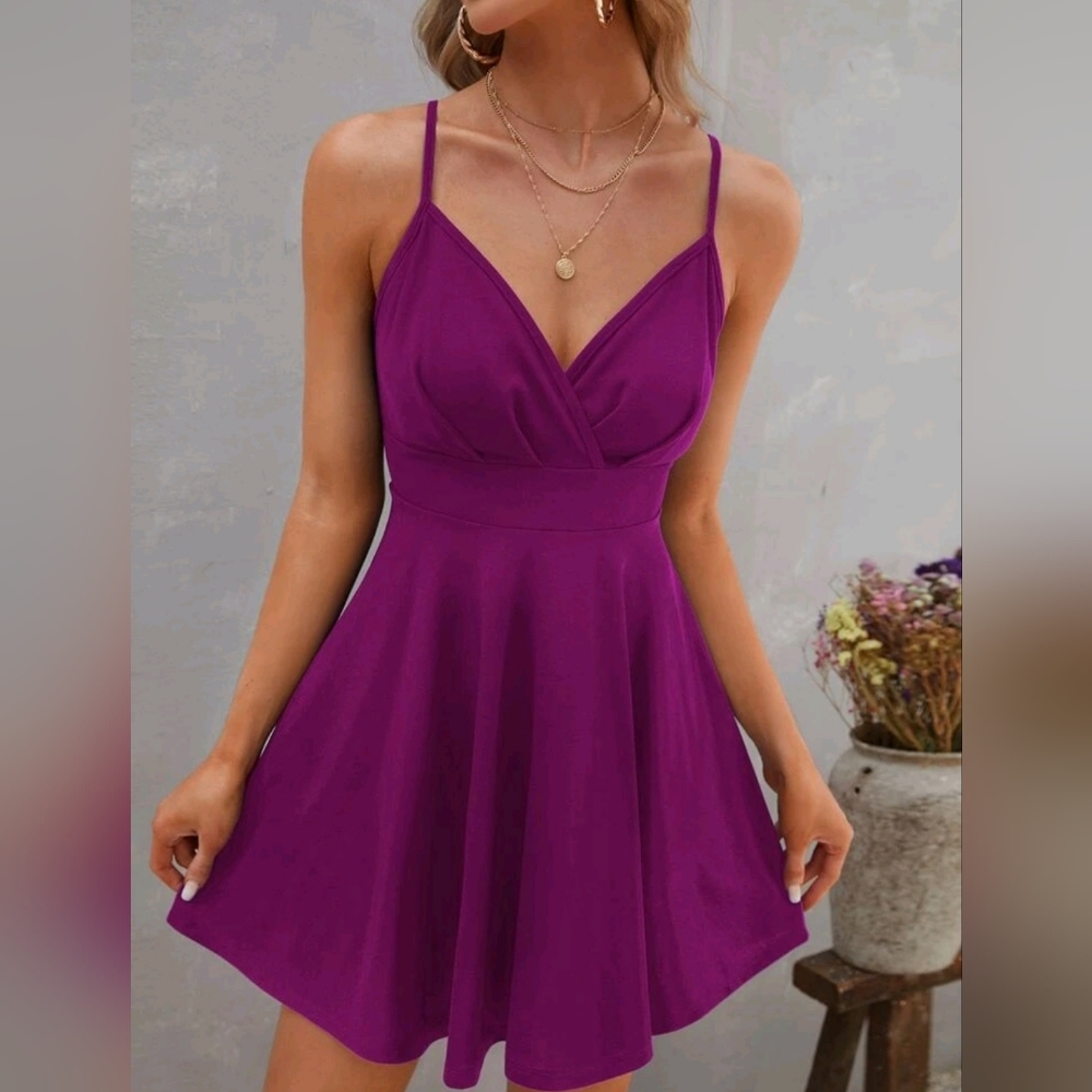 New Chic Knit Wrap Front Cami Dress Mini Purple - Picture 2 of 7